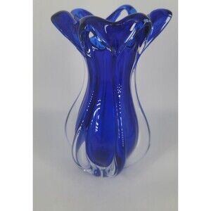Pooled Art Glass Vase Cobalt and Clear‎ Ribbed Hand Made in Czech Republic